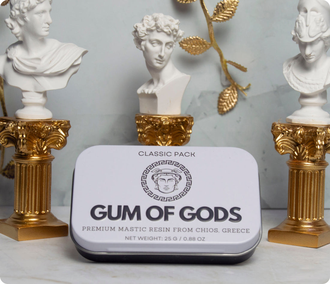 Gum of Gods Classic Pack tin with marble busts and gold columns