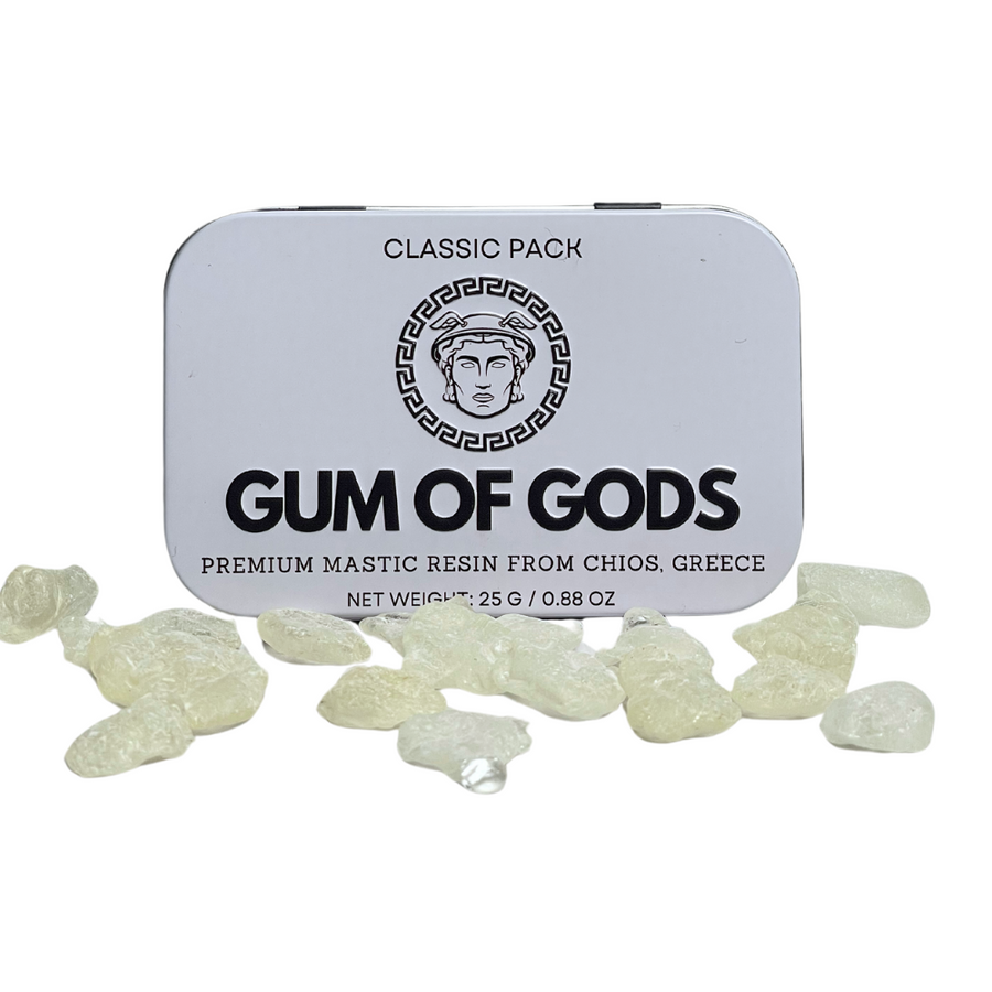 Gum of Gods Classic Pack 25 g tin surrounded by white Chios mastic tears