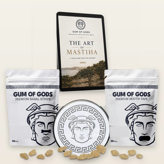 Gum of Gods Maple welcome gifts: Art of Mastiha digital guide on tablet, nasal strips, mouth tape, tin and mastic resin