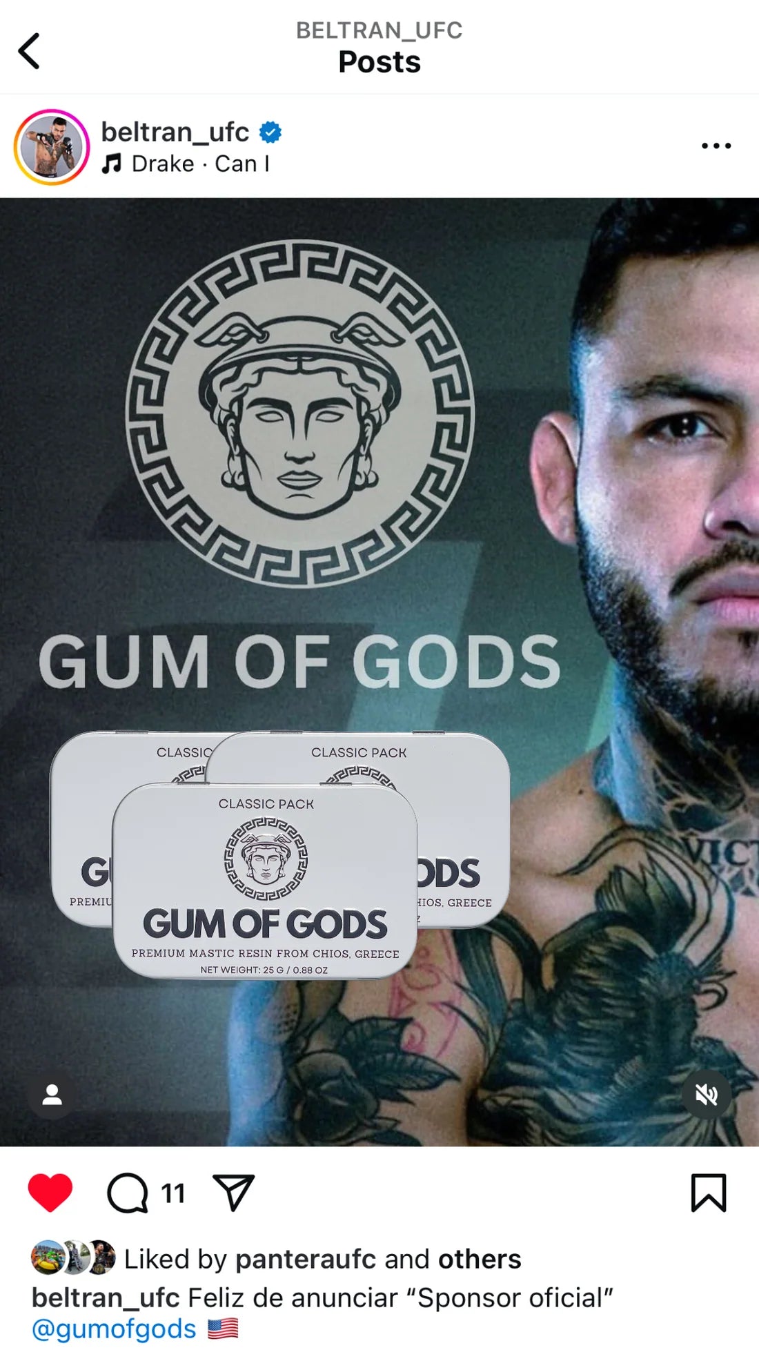 Instagram screenshot from UFC fighter Marco Beltran (beltran_ufc) holding the Peppermint Pack Gum of Gods tin.