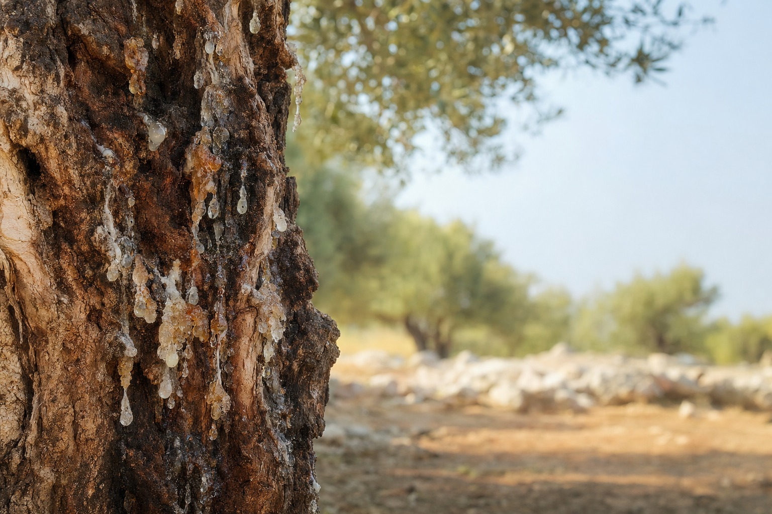 Mature mastic tree trunk on Chios, Greece, with crystallized natural mastic resin tears clinging to the bark.