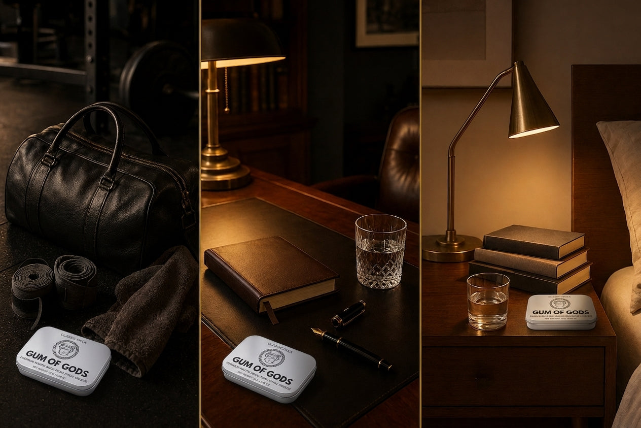 Triptych. Black gym duffel with a Greek key strap detail and a small white tin. A walnut executive desk with the same tin and a leather notebook. A bedside walnut nightstand with the tin, mouth tape, and a glass of water under warm lamp glow.