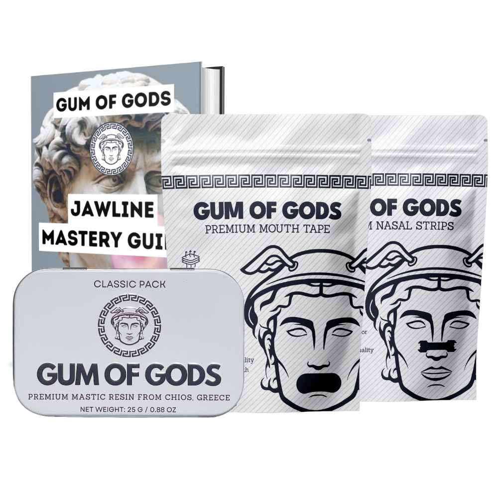 Aesthetic of Gods Bundle, Classic Pack: mastic resin tin from Chios, Premium Mouth Tape pouch, Nasal Strips pouch and the Jawline Mastery Guide on a white background.