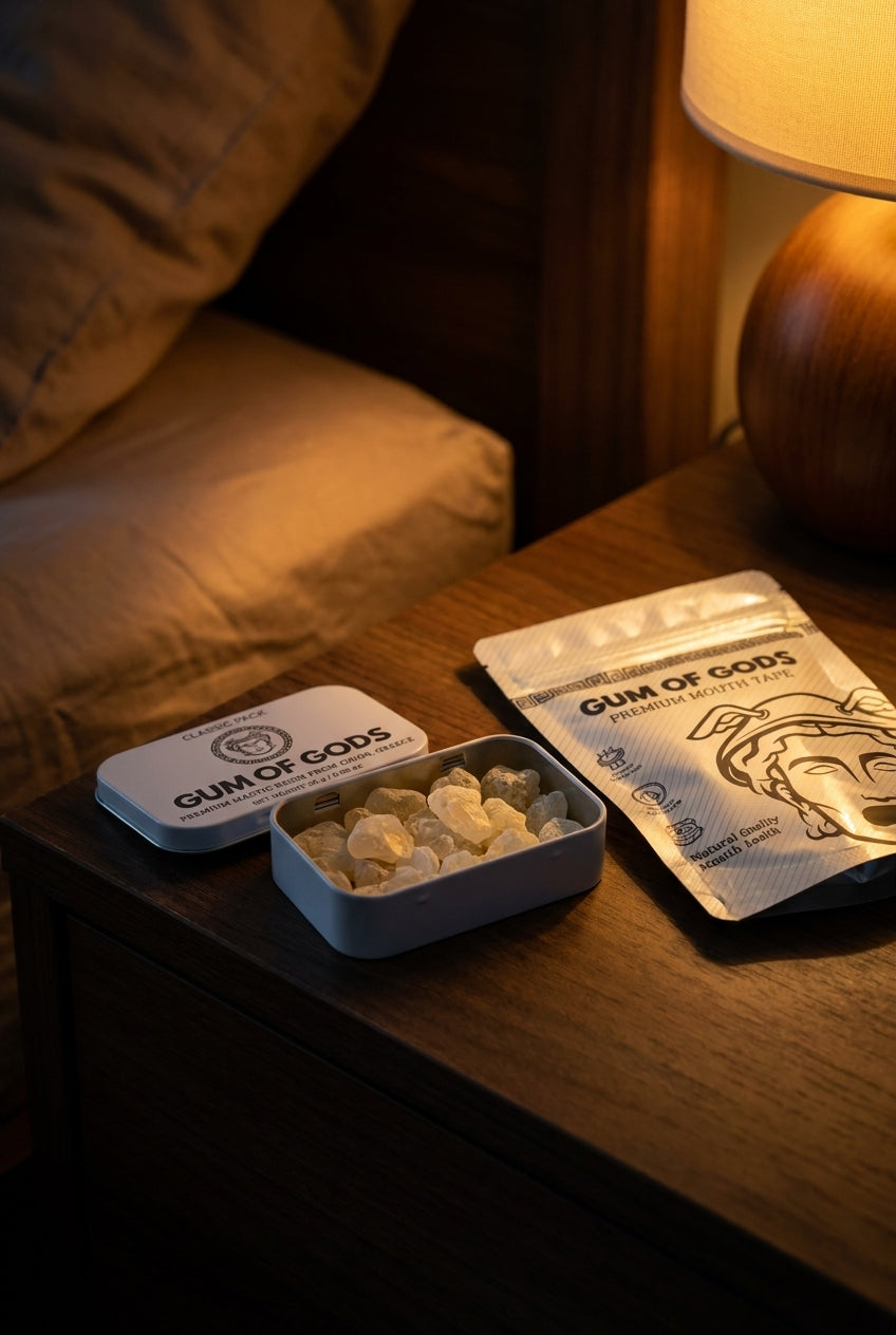 Bedside ritual scene at golden hour. Mastic resin tin, jawline gum jar and mouth tape pouch staged on a nightstand under warm lamp light.